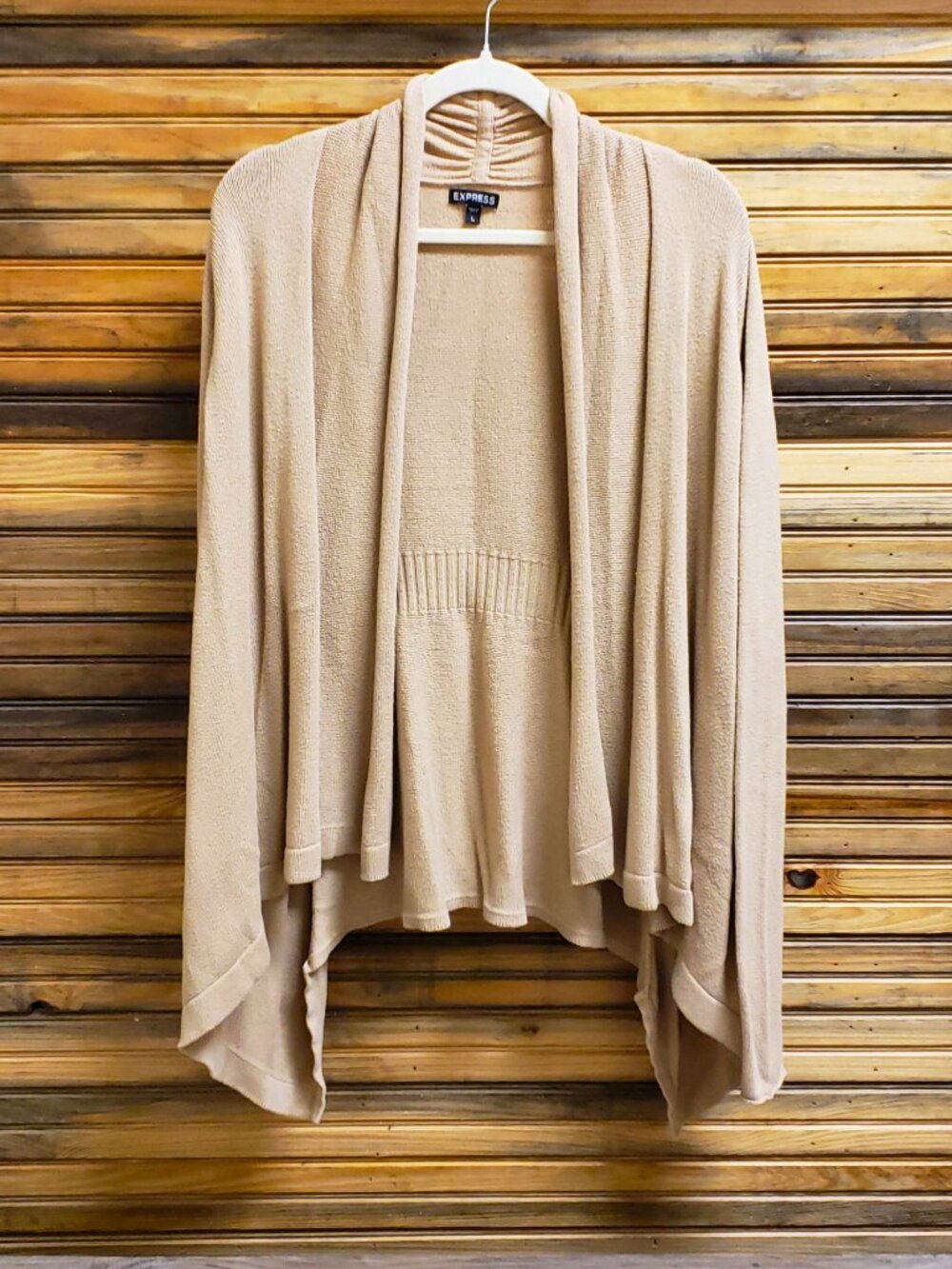Express Tan Beige Open Front Draped Waterfall Cardigan Sweater Size L